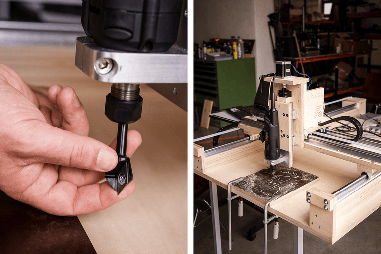 Computergesteuerte Fräsmaschine im Einsatz mit Werkzeugwechsel für die Holzbearbeitung.