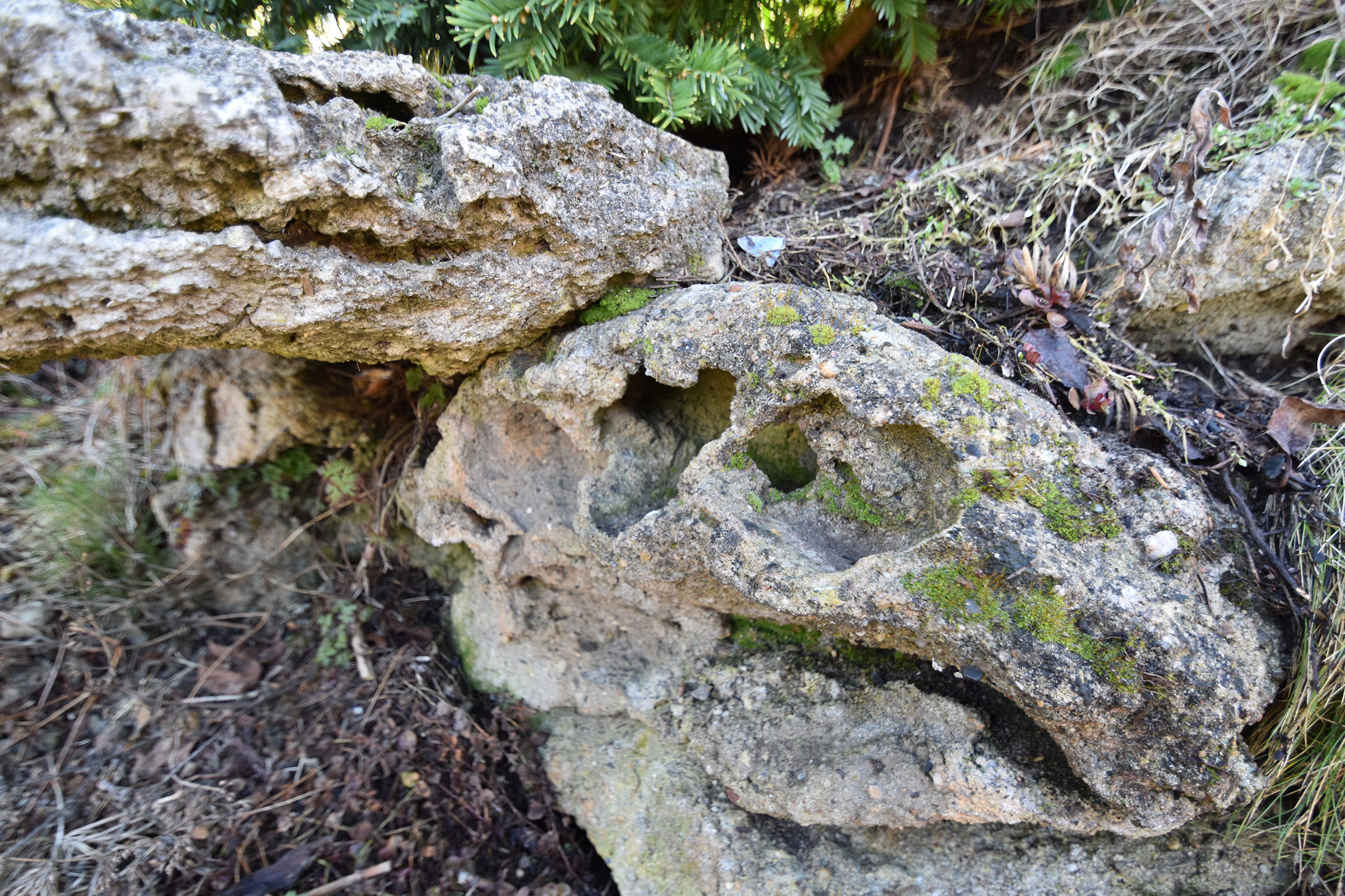 Verwitterter Kalkstein mit Moos für Gartendekoration
