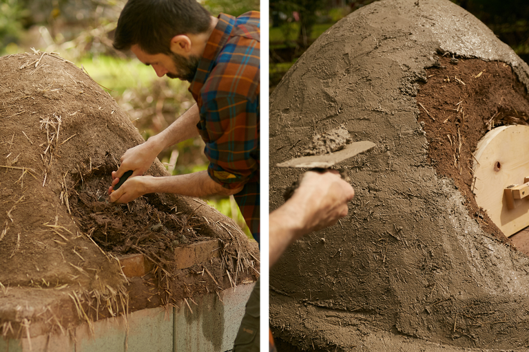 Aufbau eines Lehmofens mit Lehm und Stroh