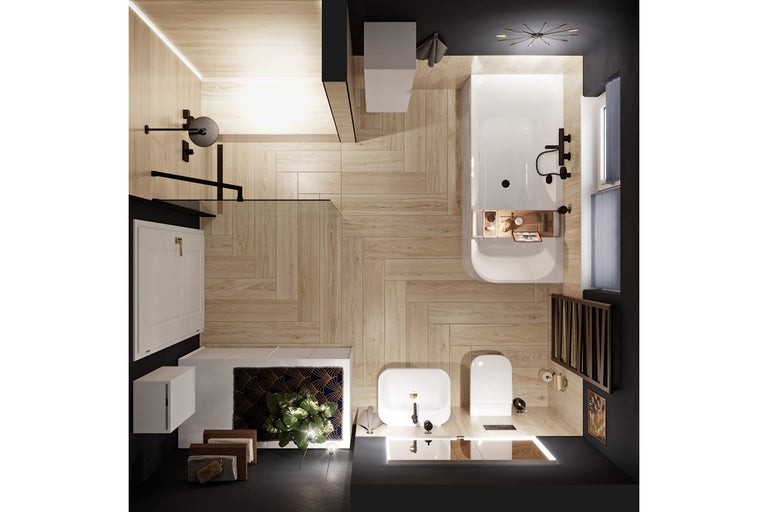 Salle de bain moderne et organisée vue de dessus avec douche, baignoire, lavabo et toilette. Sol en aspect bois avec motif en chevrons.