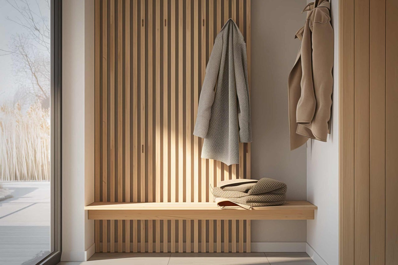 Vestiaire en bois avec banc et vestes