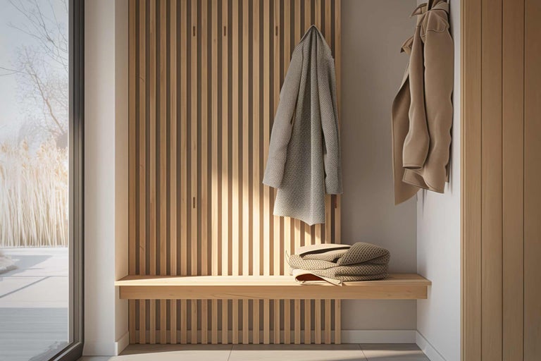 Vestiaire en bois avec banc et vestes