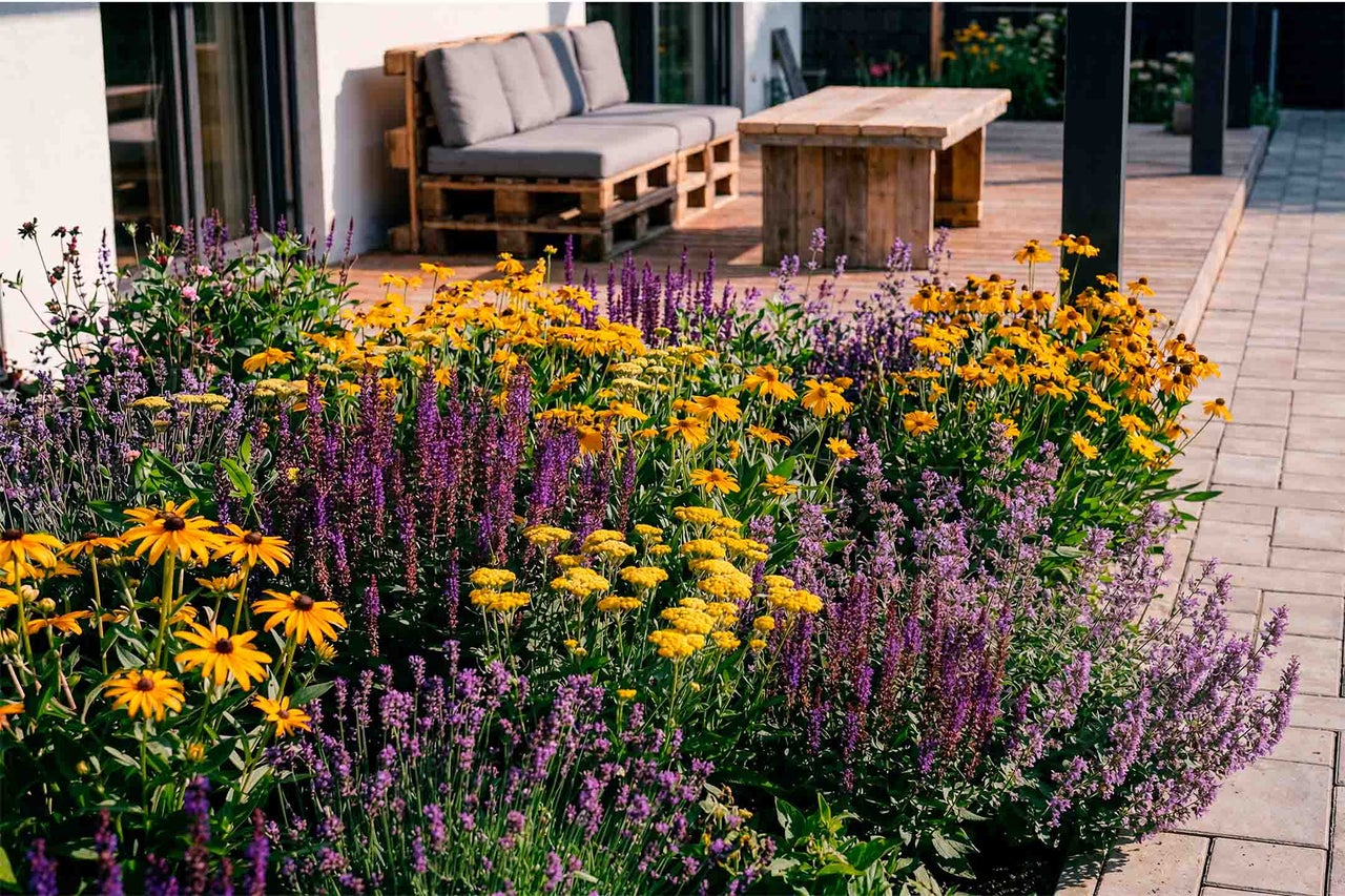 Un jardin ensoleillé avec un parterre de fleurs vivaces jaunes et violettes devant une terrasse en bois avec un canapé en palettes et une table.