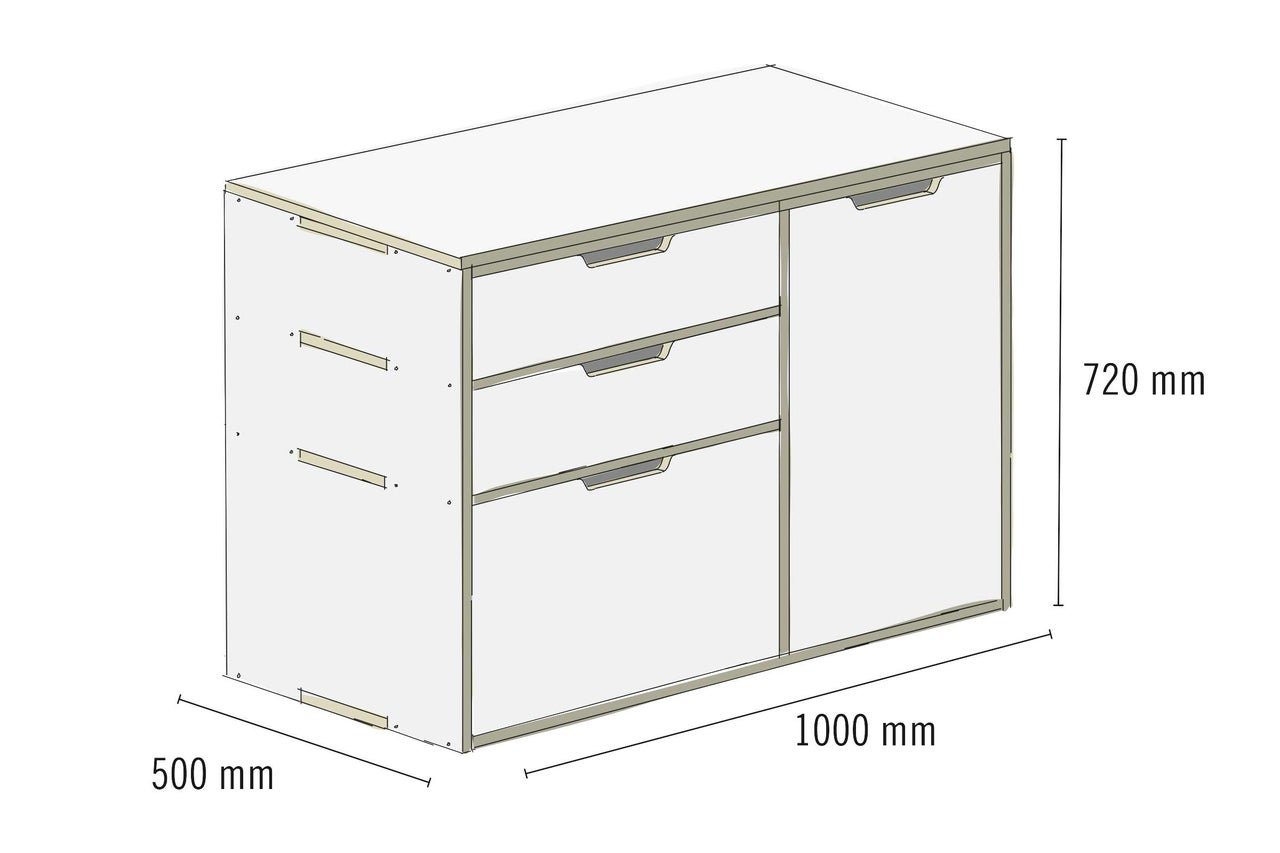 Illustration d'un meuble bas avec tiroirs et une porte, dimensions 1000 x 500 x 720 millimètres.