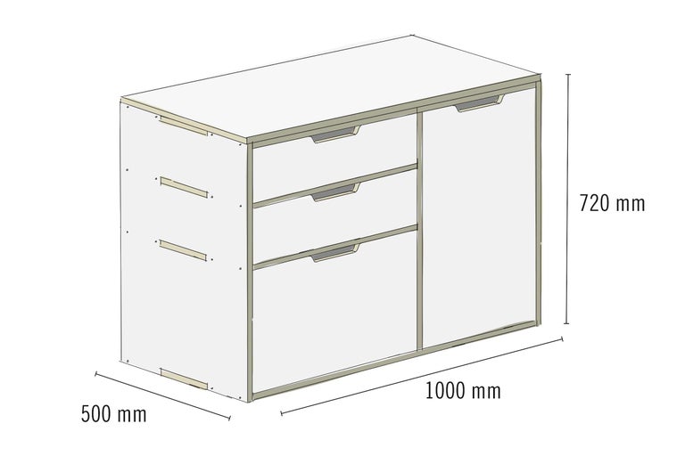 Illustration d'un meuble bas avec tiroirs et une porte, dimensions 1000 x 500 x 720 millimètres.