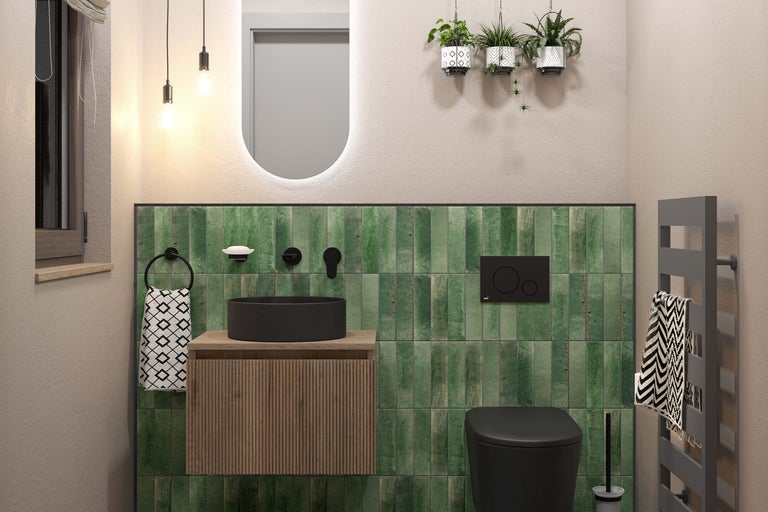 Modernes Badezimmer mit Waschtisch, Toilette und Handtuchwärmer