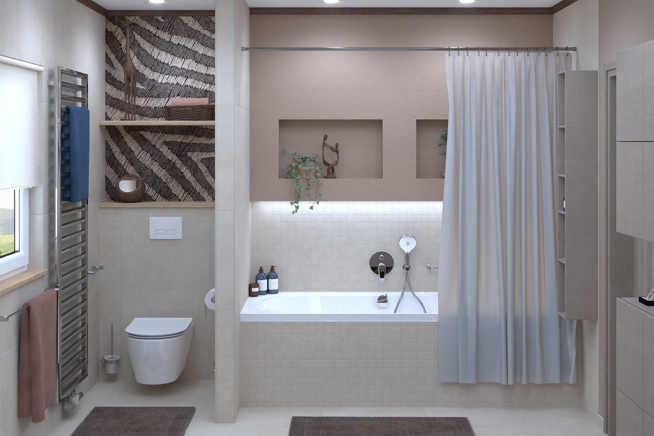 Salle de bains lumineuse avec baignoire, rideau de douche, toilettes et sèche-serviettes au design moderne.