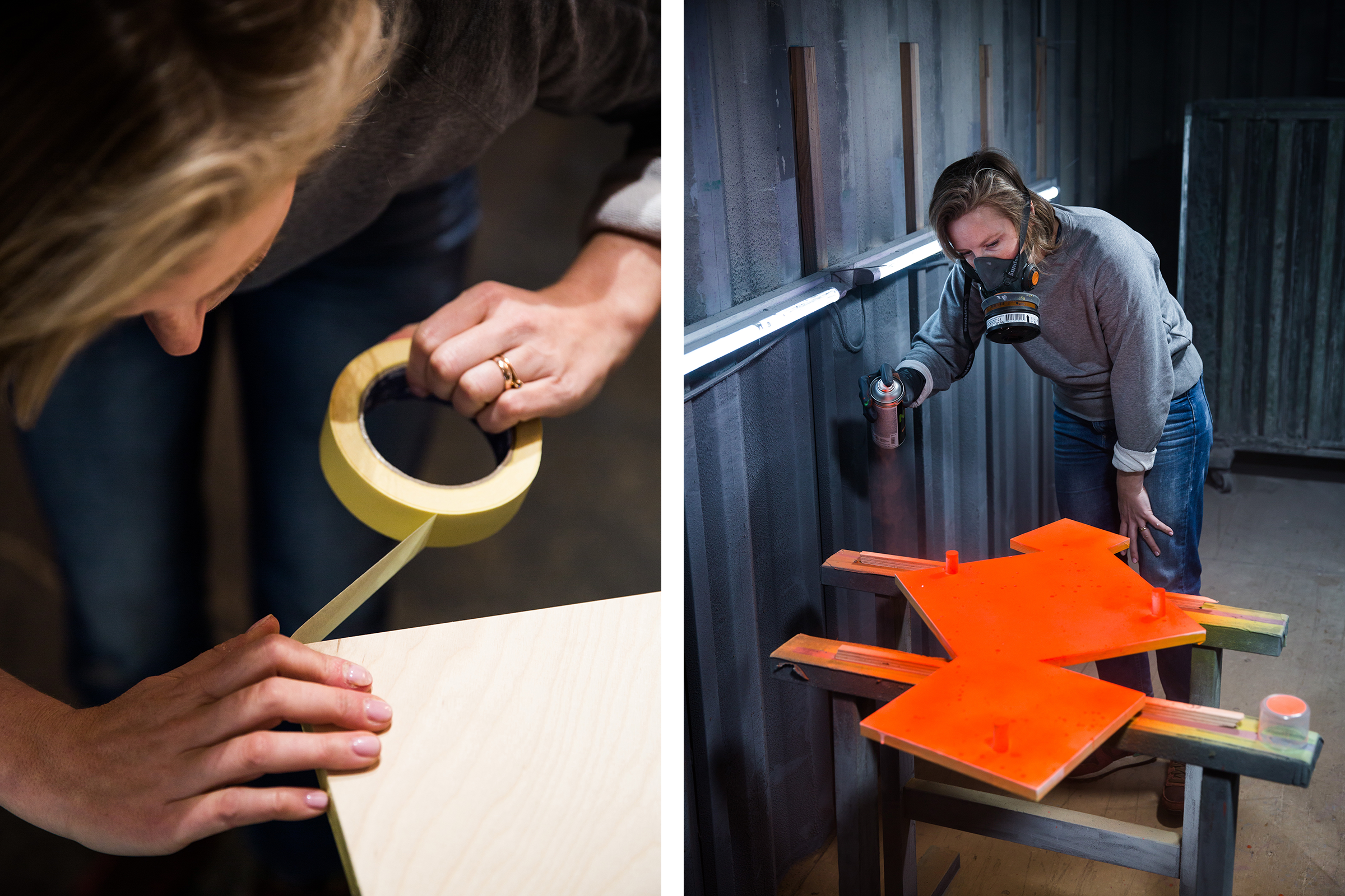 Frau klebt Holzplatte mit Klebeband ab und sprüht orange Farbe auf Holz
