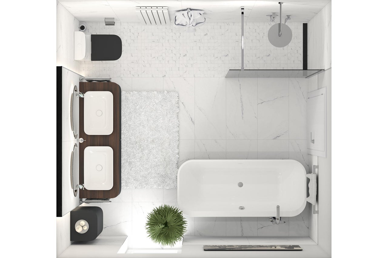 Vue plongeante d'une salle de bains avec baignoire, meuble-lavabo, WC et douche