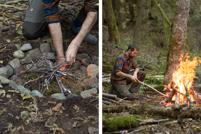 Personen entzünden ein Lagerfeuer im Wald