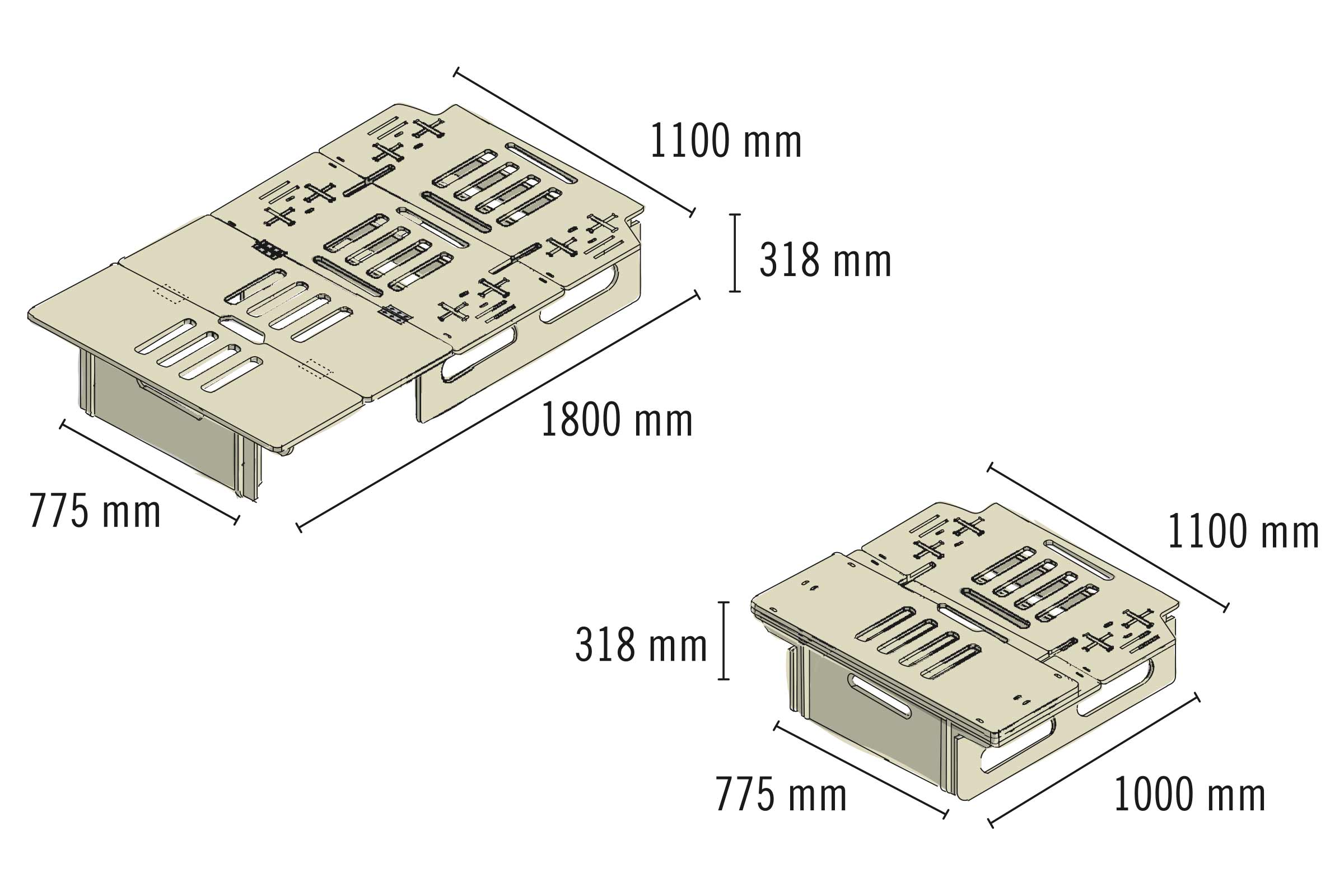 Dessin technique d'un meuble extensible avec dimensions
