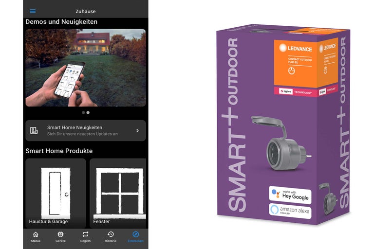 Image d'une application Smart Home et d'une prise extérieure LEDVANCE Smart+