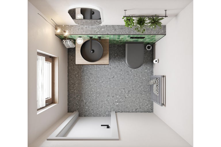 Badezimmeransicht von oben mit Dusche, Waschtisch, Toilette und Fliesen