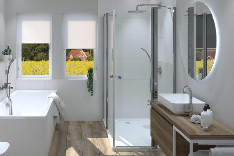 Salle de bains lumineuse avec baignoire, douche, lavabo et miroir