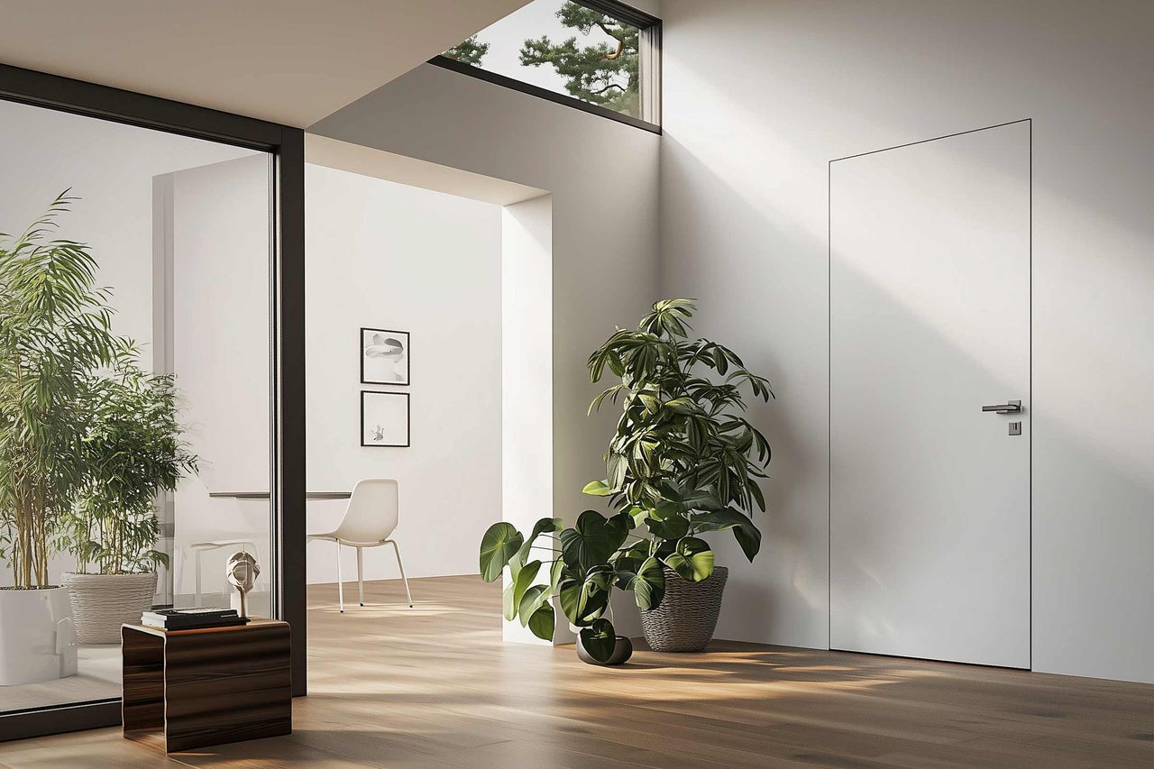 Heller Raum mit Tür, Zimmerpflanzen und Holzboden