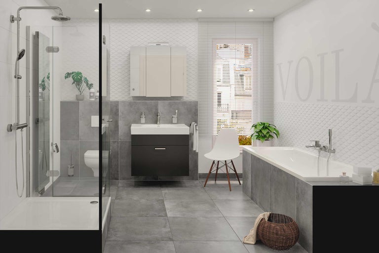 Salle de bains avec douche, lavabo, armoire de toilette, toilettes et baignoire