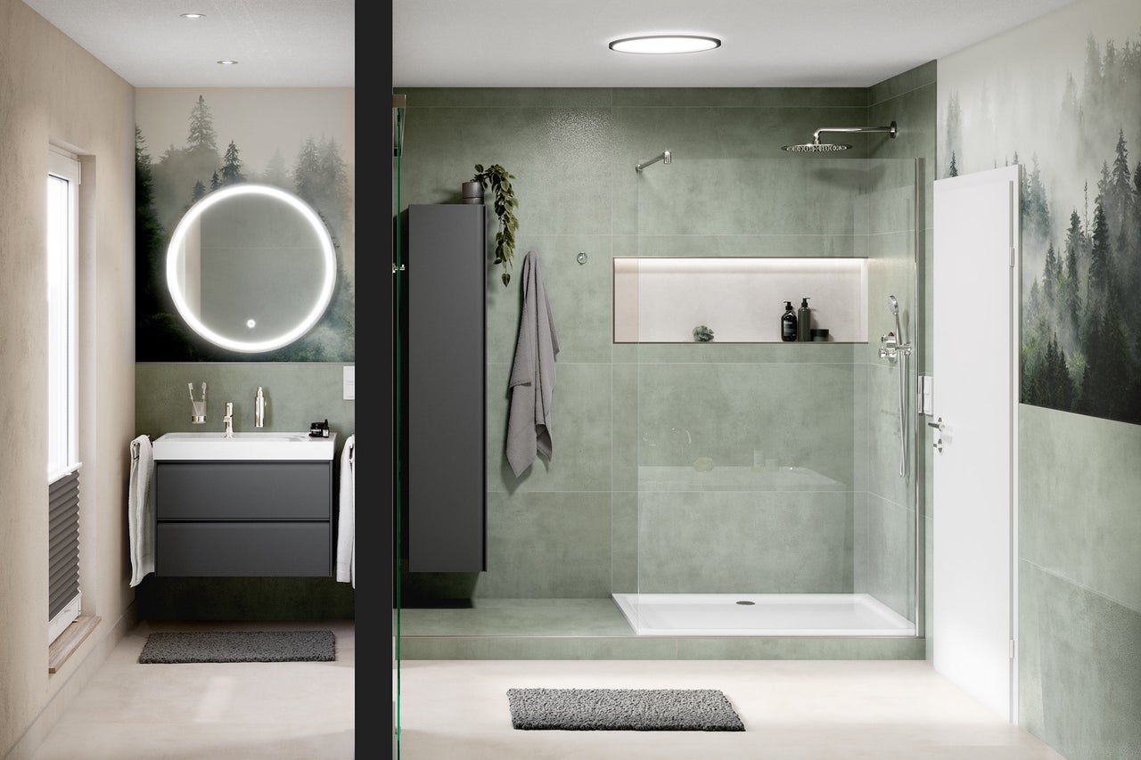 Salle de bain moderne avec douche, lavabo et miroir