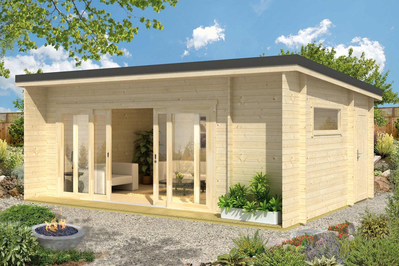 Abri de jardin en bois avec porte coulissante et foyer dans le jardin