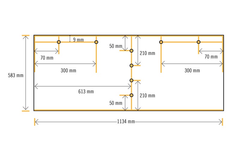 Diagramm mit Maßangaben: Länge 1134 mm, Breite 583 mm