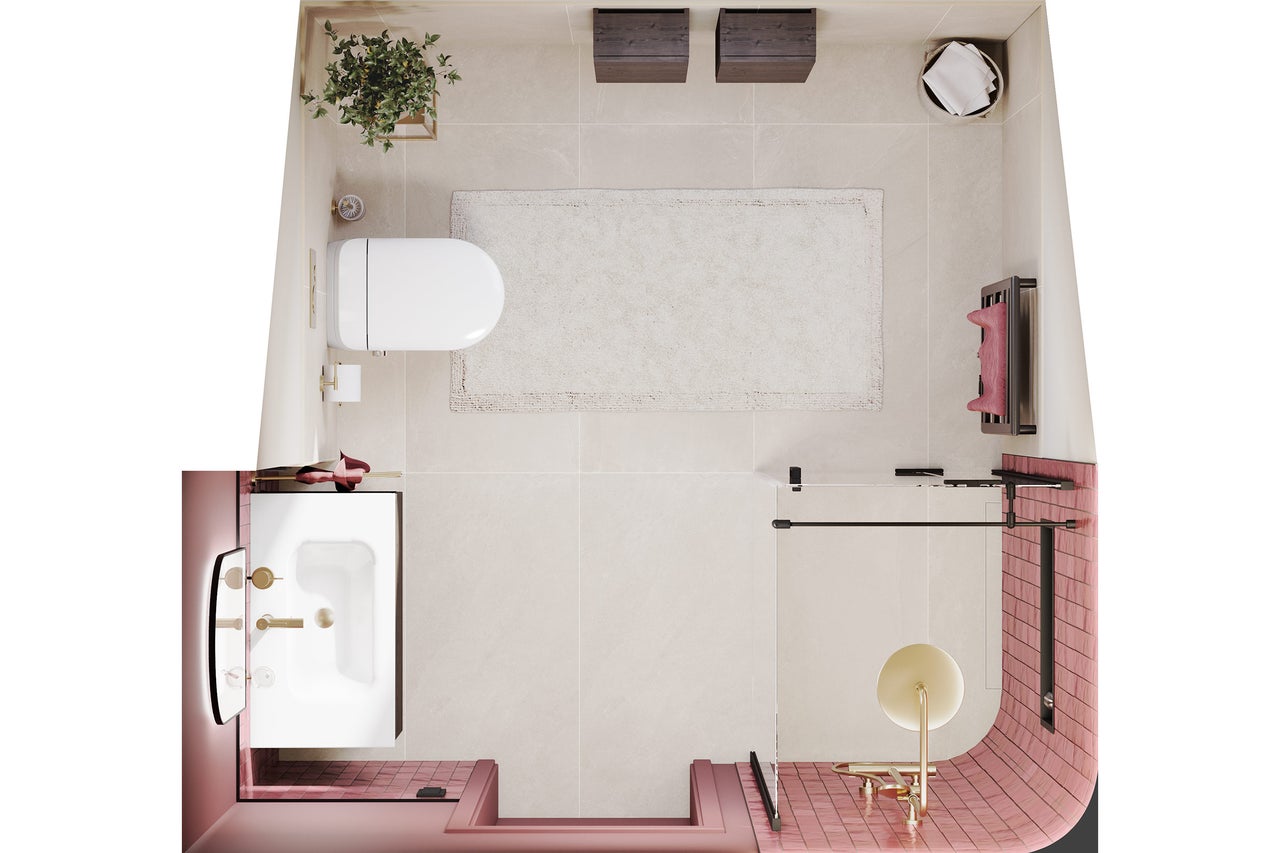 Vue de dessus d'une salle de bains moderne avec douche, WC et lavabo, carrelage de sol clair, carrelage mural rose et robinetterie dorée.
