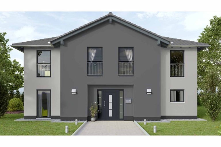 Modernes zweistöckiges Fertighaus mit Satteldach und Garten