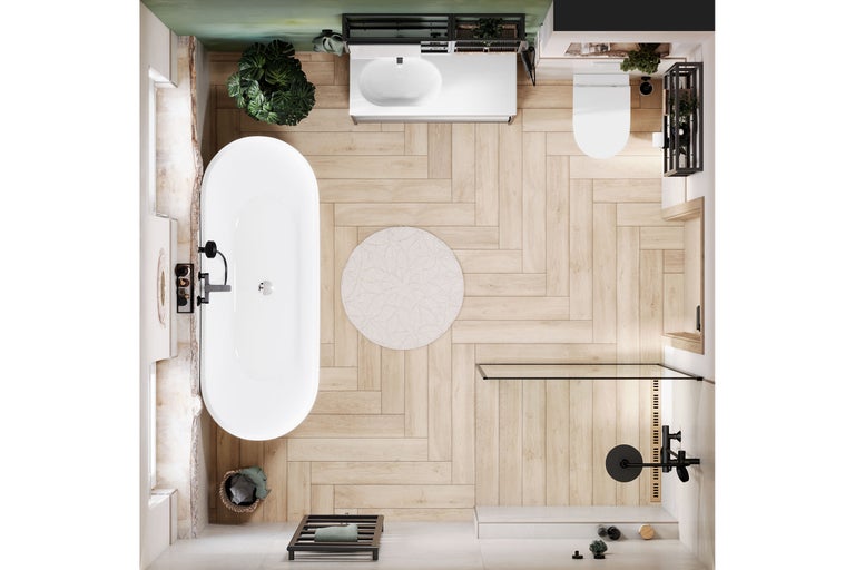 Vogelperspektive eines Badezimmers mit Badewanne, Waschbecken, Toilette und Dusche