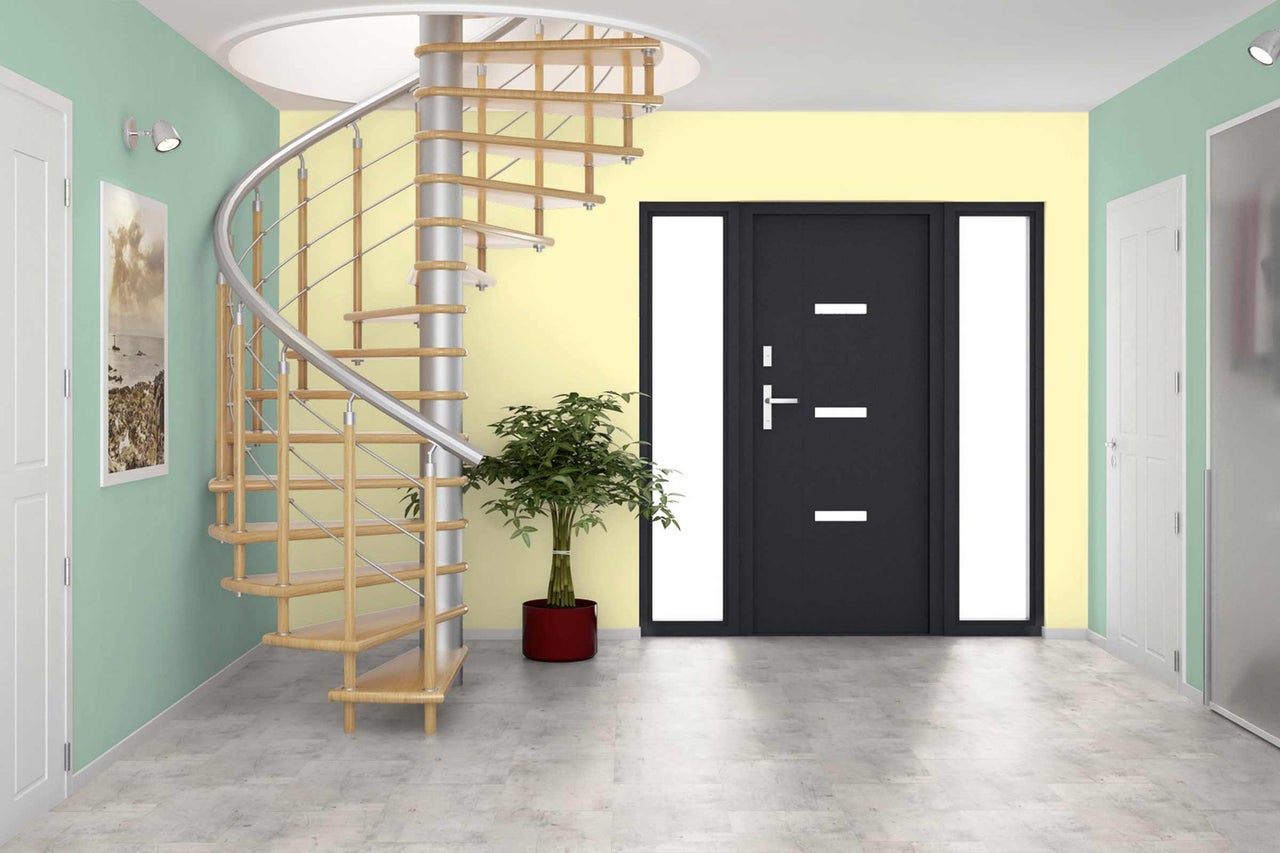 Intérieur avec escalier en colimaçon en bois, porte d'entrée et plante d'intérieur
