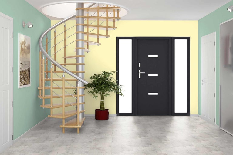 Intérieur avec escalier en colimaçon en bois, porte d'entrée et plante d'intérieur