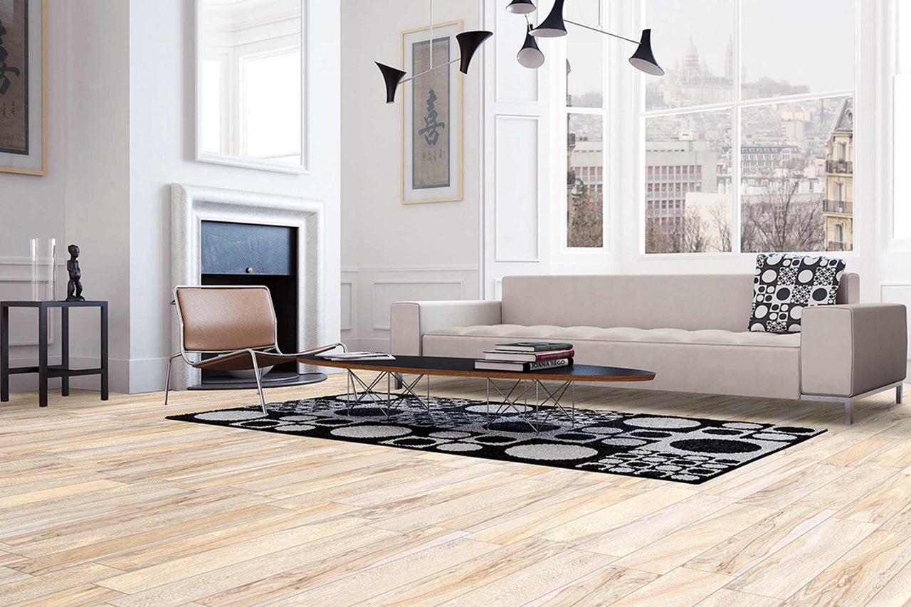Espace de vie lumineux avec canapé, fauteuil, tapis et plancher en bois