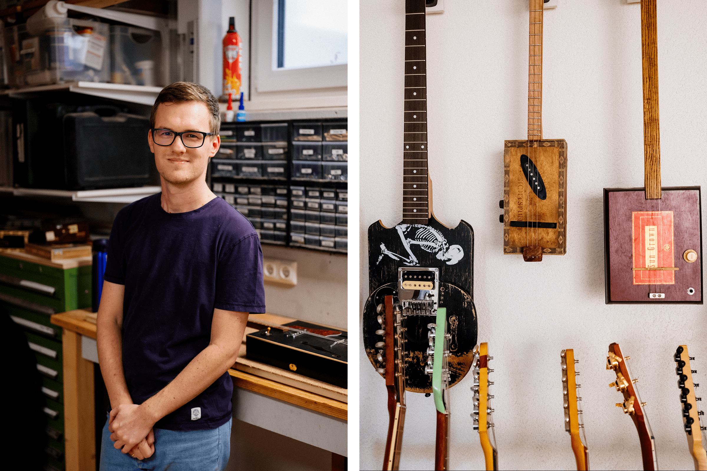 Mann steht in Werkstatt mit selbstgebauten Gitarren