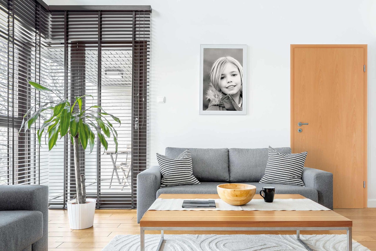 Salon avec canapé, table, plante d'intérieur, stores et un portrait en noir et blanc encadré au mur