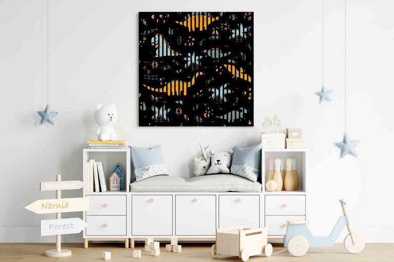 Chambre d'enfant avec une décoration murale sur le thème des dinosaures au-dessus d'une armoire blanche