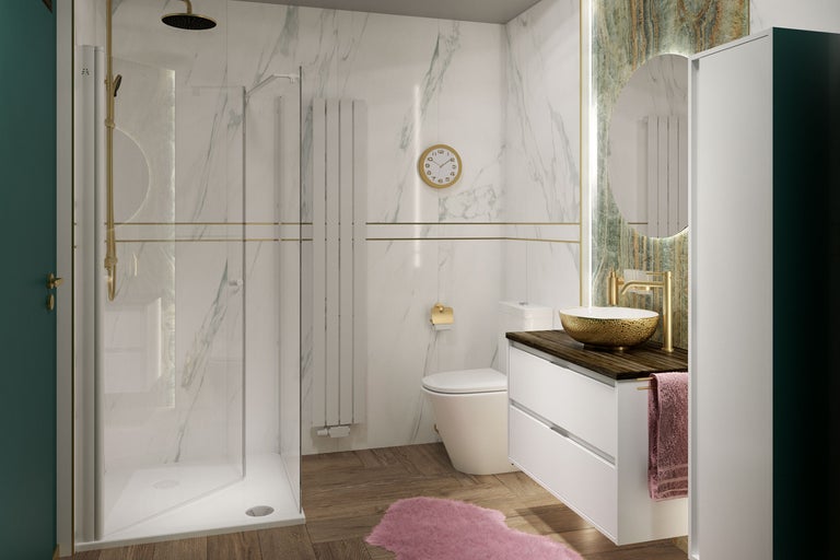 Salle de bain moderne avec douche, toilettes, lavabo et miroir