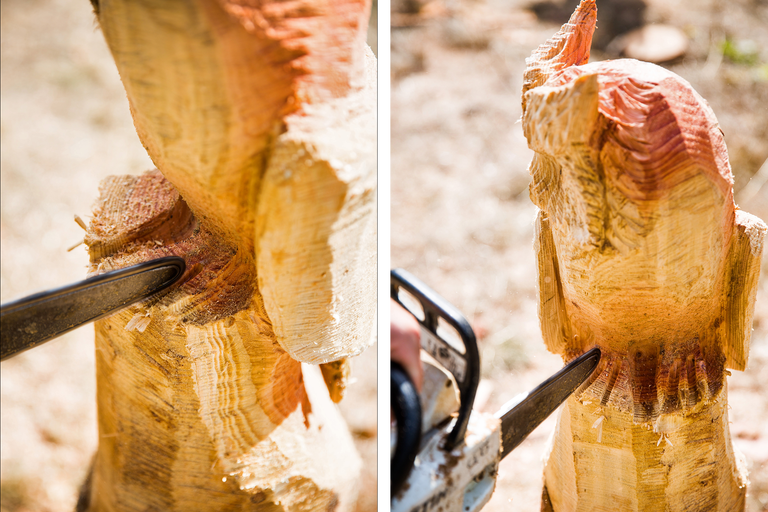 Image en deux parties d'une sculpture en bois travaillée à la tronçonneuse