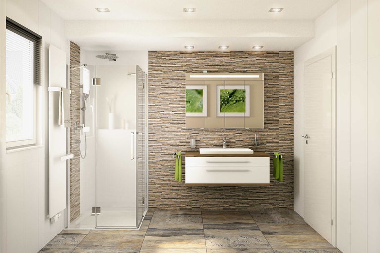 Salle de bain lumineuse avec douche, meuble sous-lavabo, miroir et mur en pierre