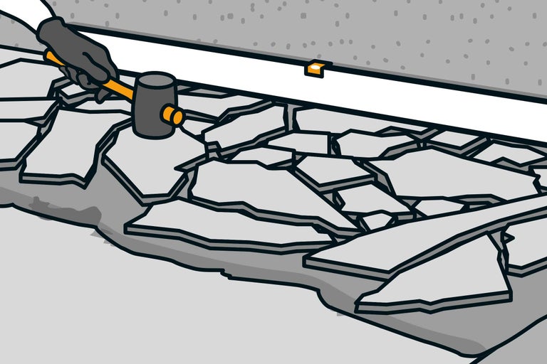 L'illustration montre une personne avec un marteau en train d'enlever des pavés.