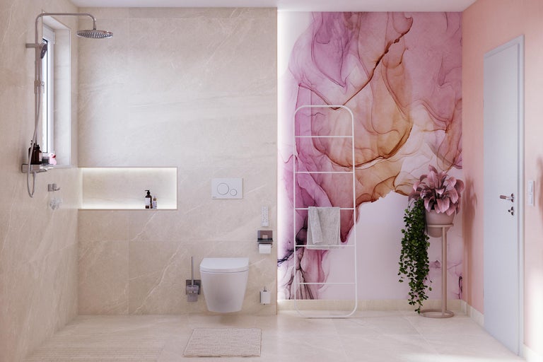 Salle de bain lumineuse avec douche, WC, porte-serviettes et plante d'intérieur pour une ambiance conviviale