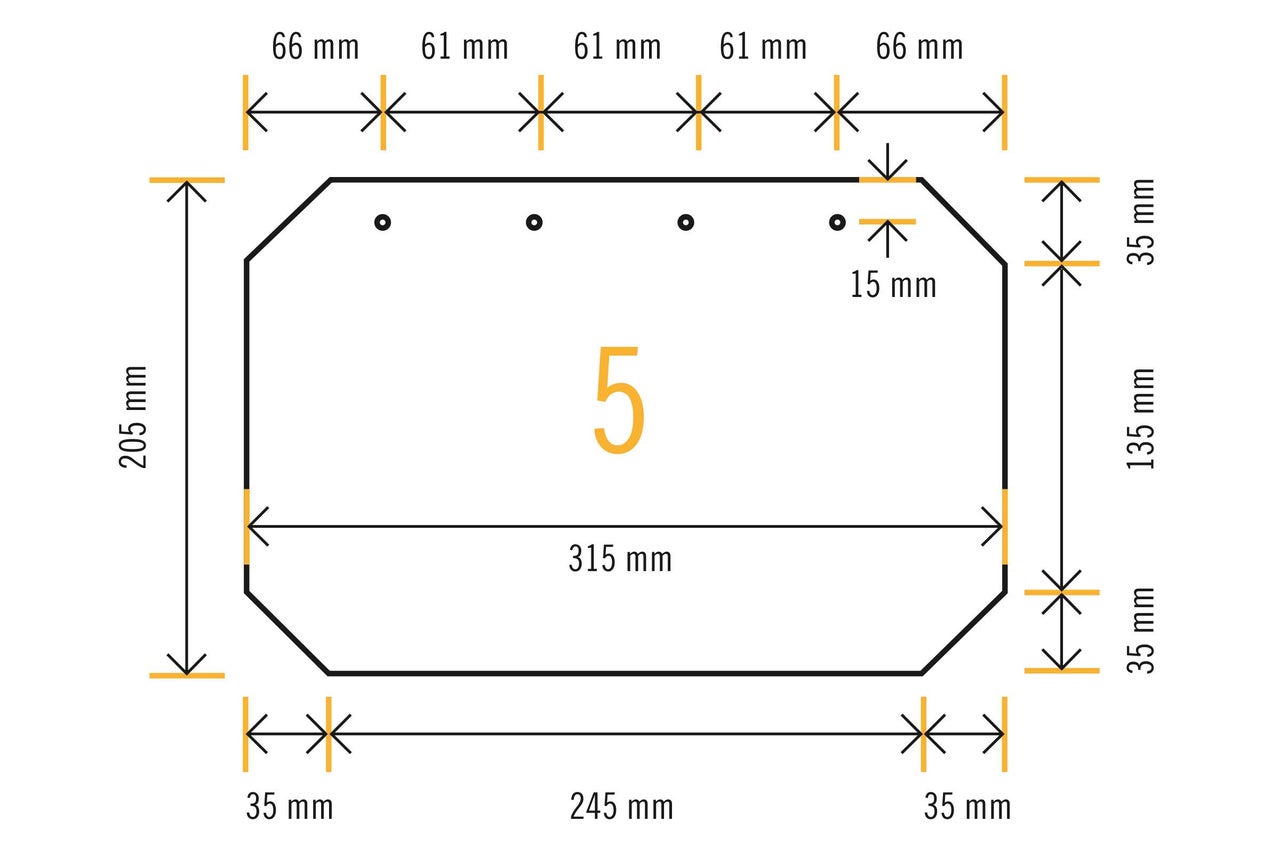 Abmessungen der Hausnummer 5 mit einer Höhe von 205 Millimeter und einer Breite von 315 Millimeter