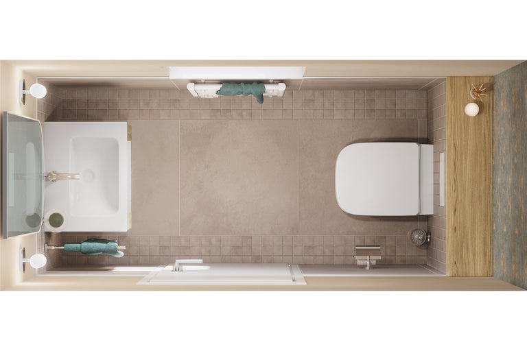 Ansicht von oben eines Badezimmers mit Waschbecken, Toilette, Dusche und Fliesen