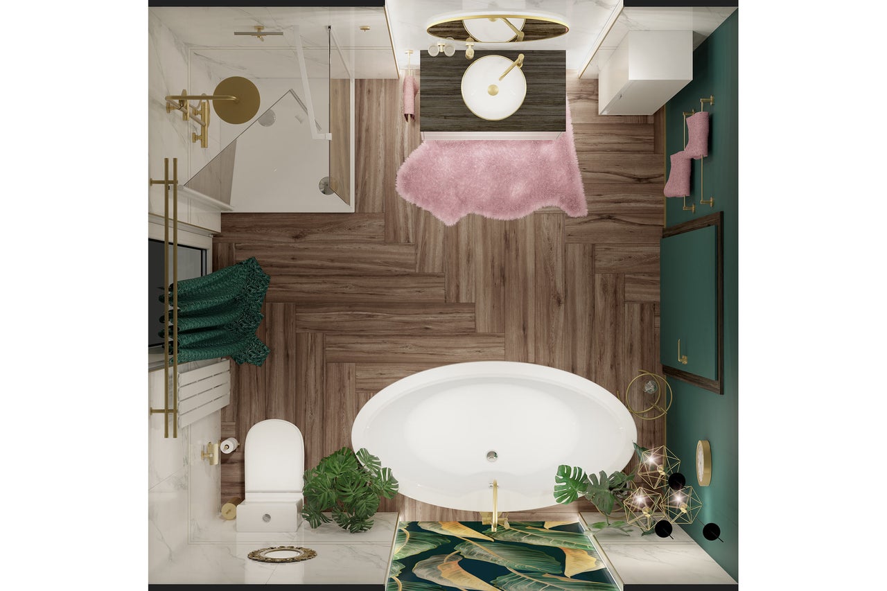 Vue de dessus d'une salle de bains moderne avec baignoire en îlot, douche, carrelage aspect bois en chevrons, robinetterie dorée et murs verts.