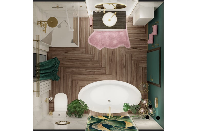 Vue de dessus d'une salle de bains moderne avec baignoire en îlot, douche, carrelage aspect bois en chevrons, robinetterie dorée et murs verts.