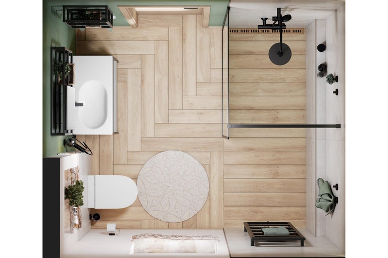 Vogelperspektive eines Badezimmers mit Waschbecken, Toilette und Dusche