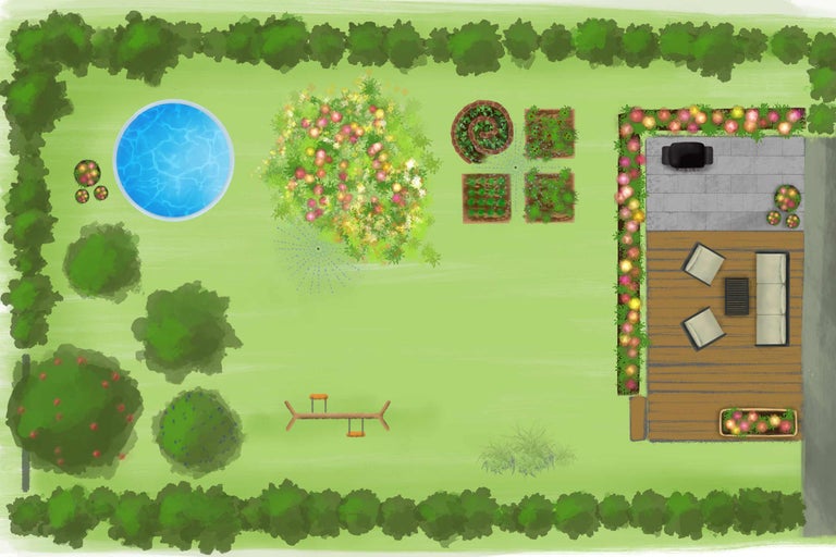 Vue de dessus d'un jardin avec piscine, terrasse, plates-bandes surélevées et balançoire