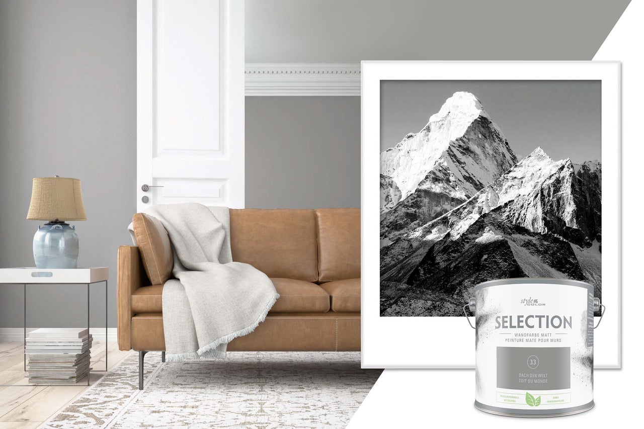 Salon avec canapé marron, lampe, motif de montagne encadré et pot de peinture murale mate Style Color Selection