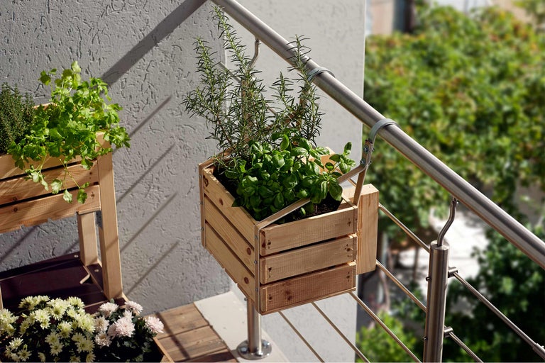 Scène de balcon avec des caisses en bois plantées de basilic, de romarin, de persil et de thym