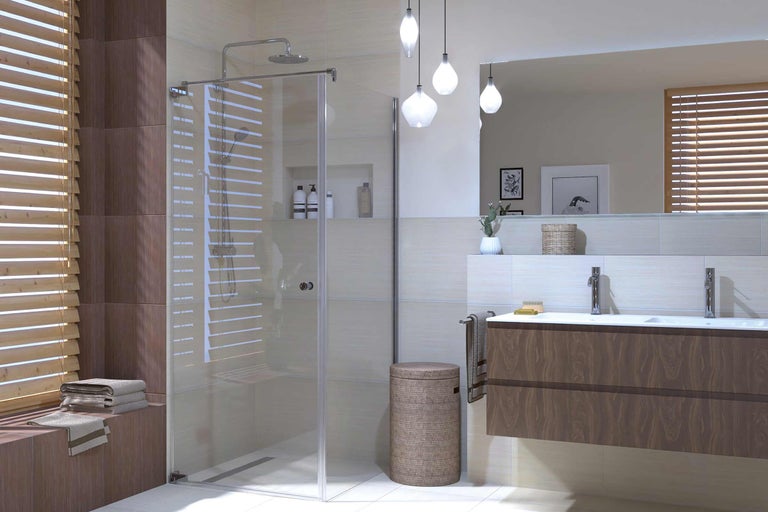 Modernes Badezimmer mit Dusche, Waschtisch und Ablageflächen