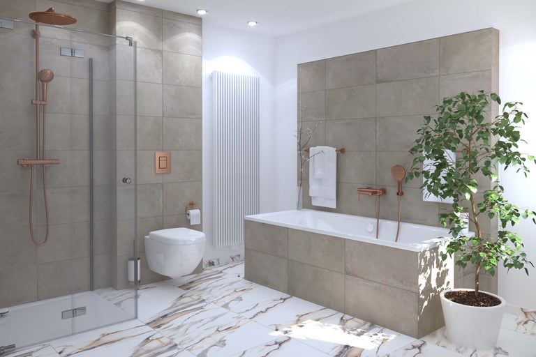 Badezimmer mit Dusche, Toilette, Badewanne, Heizkörper und Pflanze