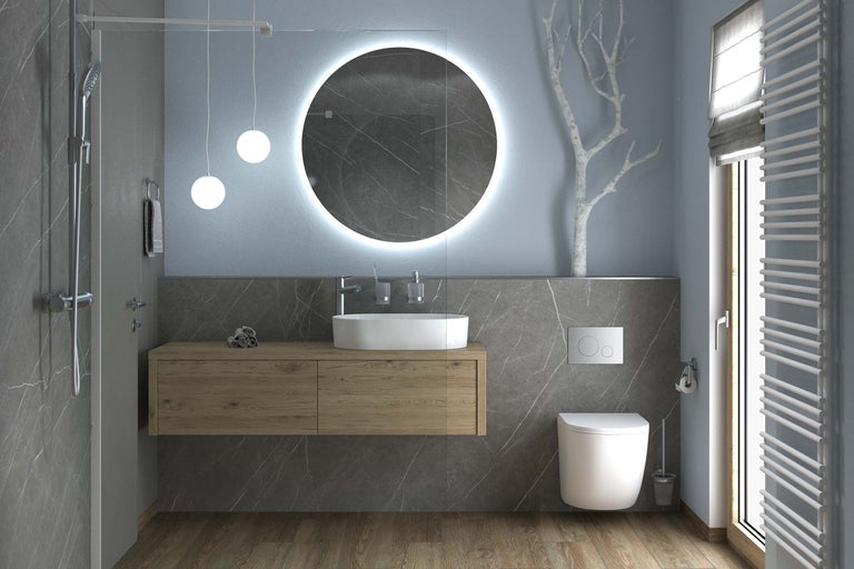 Salle de bain moderne avec lavabo, miroir, toilettes et radiateur