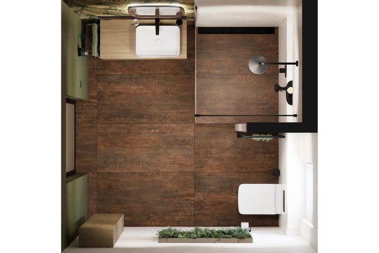 Vue de dessus d'une salle de bains avec lavabo, toilettes et douche, ainsi que des carreaux muraux et de sol imitation bois.