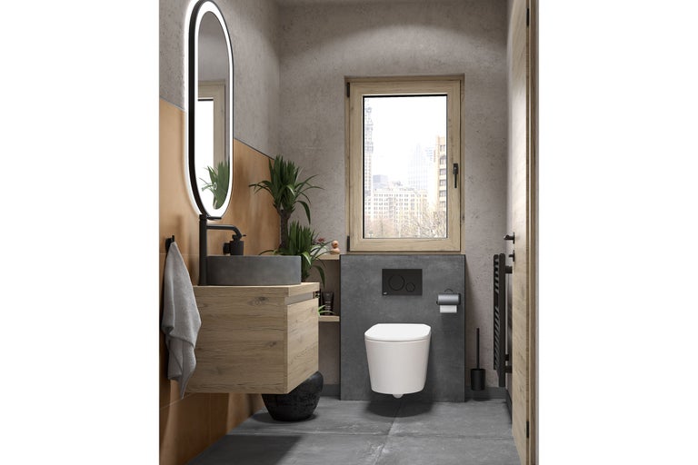 Gästetoilette mit Wänden in Betonoptik, Holz-Waschtischunterschrank mit Steinbecken, ovalem beleuchtetem Spiegel und wandhängender Toilette.